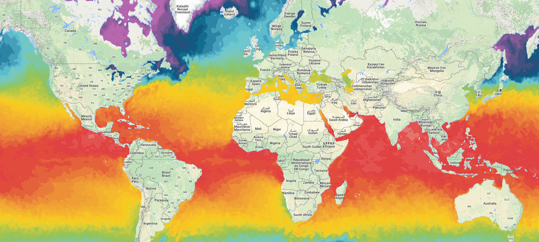 Carte des températures des océans et mers du monde